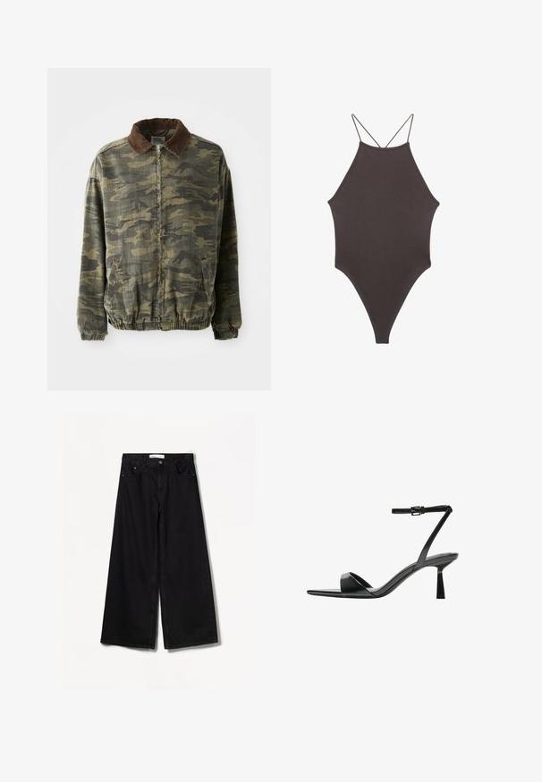 Jakna s kamuflažnim uzorkom u kaki i tamnozelenoj boji, izrađena od čvrstog materijala. Ima smešasti krzneni ovratnik i elastične manžete i rub.; Smeđi jednodijelni kupaći kostim s visokim ovratnikom i tankim, prilagodljivim trakama; ima visoko izrezane nogavice i glatku teksturu. Bez uzoraka ili dekoracija.; Bershka WIDE-LEG - Široke nogavice - black; Bershka Sandale s visokom petom - black