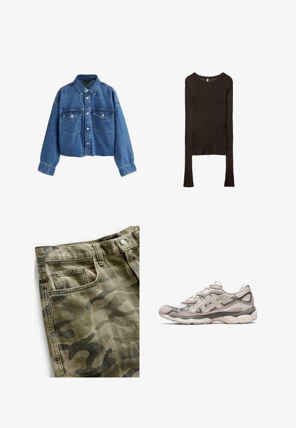 Krótkia dżinsowa kurtka w średnim niebieskim kolorze, z wywiniętym kołnierzem, dwoma kieszeniami na piersi i srebrnymi zapięciami na guziki. Teksturowany materiał z widocznymi szwami.; Długi rękaw, dopasowany top wykonany z ciemnobrązowego materiału. Okrągły dekolt, gładka tekstura i nieco wydłużone rękawy bez mankietów.; Next - Szorty jeansowe; Jasnoszary but sportowy z siateczkowym i zamszowym wierzchem. Posiada wyściełaną podeszwę, wyraźne nakładki oraz ustrukturyzowany design.