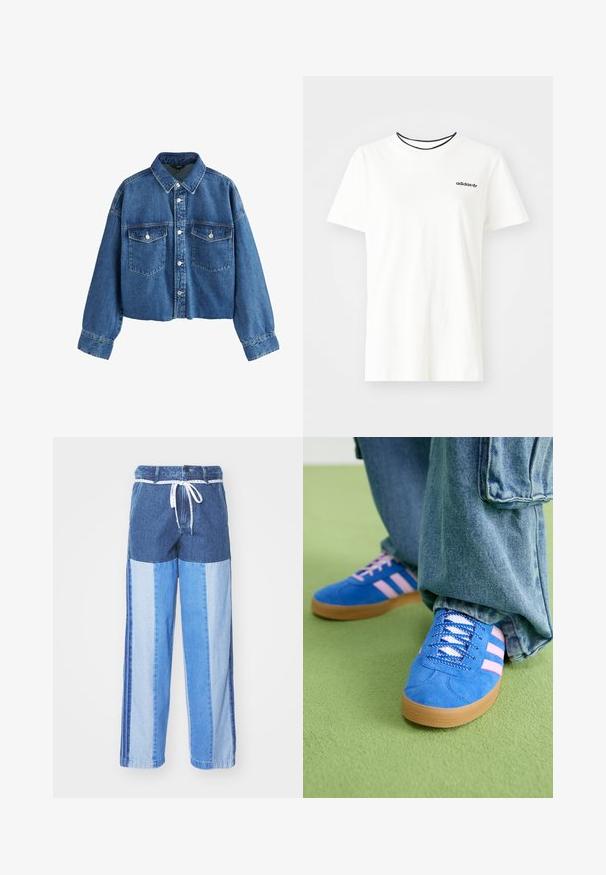 Chaqueta de mezclilla recortada en azul medio, con un cuello puntiagudo, dos bolsillos en el pecho y cierres de botón plateados. Tejido texturizado con costuras visibles.; Camiseta de algodón blanca con manga corta y escote redondo. Presenta un logo negro de Adidas en el pecho y un cuello interior negro en contraste.; Pantalones de denim azul con un diseño de patchwork en diferentes tonos de azul, cintura con cordón y piernas sueltas de corte recto.; Zapatos de gamuza azul con rayas rosas y cordones blancos, con una suela de goma, combinados con pantalones denim holgados sobre una superficie verde.