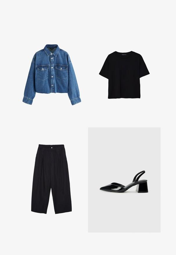 Kort denimjakke i mellemblå, med spids krave, to brystlommer og sølvknaplukninger. Tekstureret stof med synlige sømme.; Sort kortærmet T-shirt lavet af bomuld. Har rund hals og en løs pasform med en glat, ensfarvet tekstur. Ingen synlige mønstre eller detaljer.; Sorte polyester culotte bukser med elastisk talje, to forpiber og en løs silhuet. Ingen synlige mønstre eller hardware detaljer.; Sorte patentlæder slingback hæle med spids tå og en geometrisk blok hæl. Har et elegant, minimalistisk design og en glat tekstur.