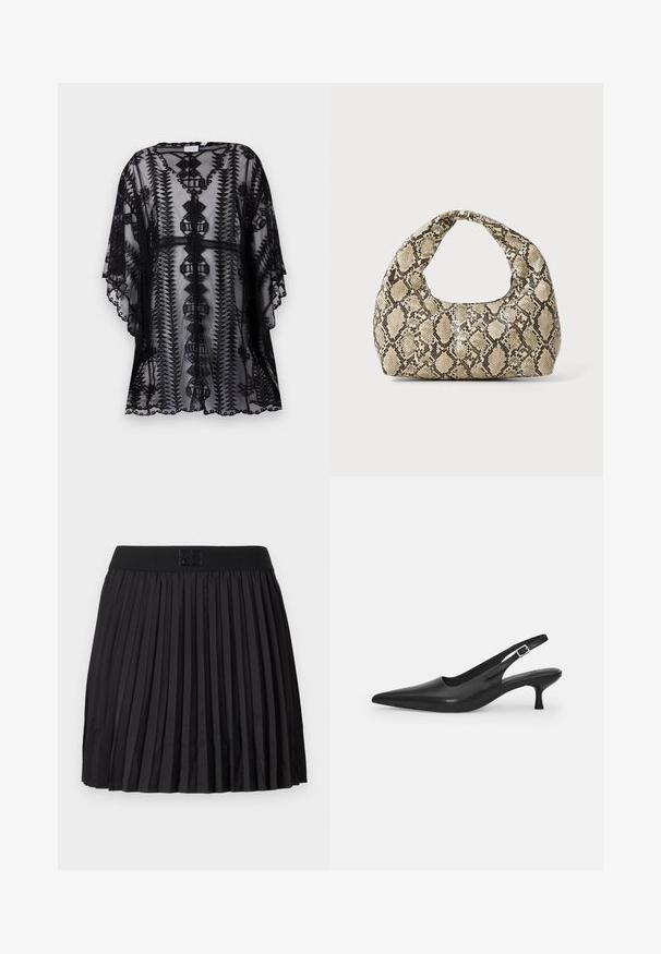 Czarny koronkowy kimono z misternym haftem, o luźnym kroju, krótkich rękawach i falbaniastych krawędziach, prezentujące geometryczne wzory.; Czarna bluzka z długimi prześwitującymi rękawami, teksturowanym wzorem liści, okrągłym dekoltem i małym zapięciem w kształcie dziurki z tyłu.; Czarna plisowana spódnica o gładkiej fakturze, z solidnym czarnym pasem w talii i wytłoczonym detalem z logo z przodu.; Czarne skórzane buty typu slingback z wydłużonym noskiem i smukłym, zakrzywionym obcasem. Posiadają dyskretny regulowany pasek z metalową klamrą.; Torebka w wężowy wzór z zakrzywionym uchwytem. Wykonana z teksturowanych, beżowych i brązowych materiałów, z charakterystycznym wzorem w diamenty.
