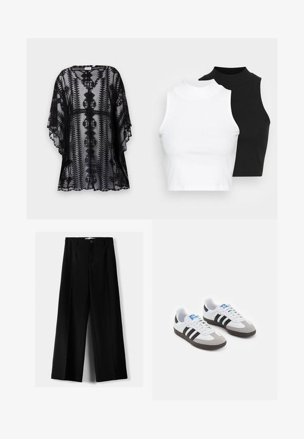 Črn čipkast kimono z zapletenim vezenjem, ki ima sproščen kroj, kratke rokave in valovite robove, s prikazanimi geometrijskimi vzorci.; Dva brezrokavniki z rebrasto turtleneck gorami v črni in beli barvi, z oblikovanim dizajnom in gladko teksturo, v skrajšani dolžini.; Črne široke hlače iz lahkega materiala, z zapiranjem na gumb spredaj in ravnim sprednjim delom, s skrbno zašiti robovi.; Športni čevlji z belim usnjenim zgornjim delom, sivim semišem na prstih in tremi črnimi črtami. Imajo modro logo na jeziku in teksturiran gumijast podplat.