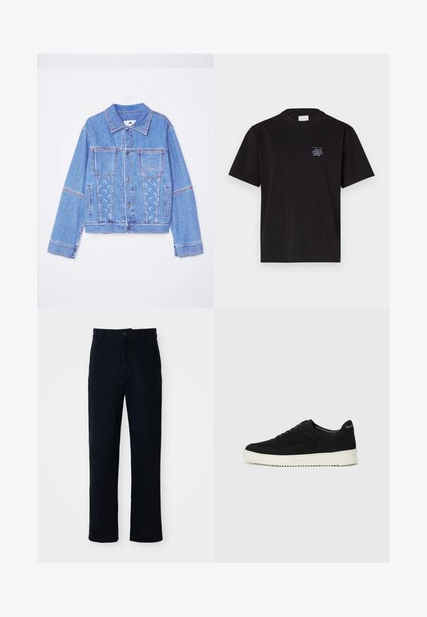 MARINE SERRE MOON LASER TRUCKER JACKET - Farmerdzseki - light blue; Fekete pamut póló kerek nyakkal és rövid ujjakkal. Bal mellen egy kis kék logó található. Egyszerű, egyenes szabású dizájn.; Sötétkék pamut nadrág, egyenes szárú fazonnal, elülső gombos záródással és klasszikus derékkal, övhurkokkal.; Fekete velúr sportcipő fűzős dizájnnal és kontrasztos fehér gumitalppal. Jellemzői a textúrázott oldalpanelek és a diszkrét logó a sarokon.