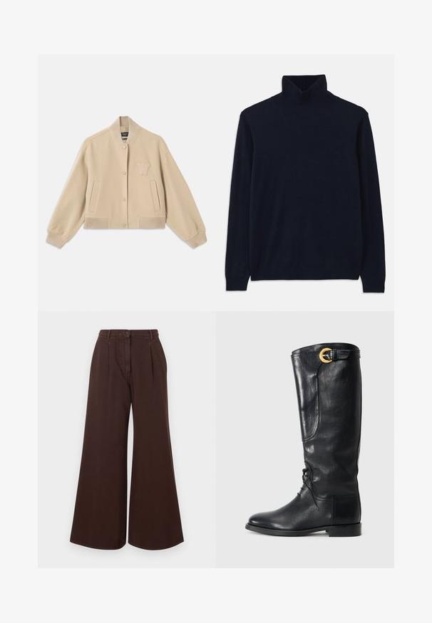 Krótkiej długości beżowa kurtka wykonana z wełnianej mieszanki, z ribbowym kołnierzem, mankietami, dwiema bocznymi kieszeniami oraz haftowaną literą na piersi.; Granatowy sweter z golfem i długimi rękawami, wykonany z miękkiej dzianiny. Posiada ryfrowany kołnierz i mankiety, cechując się prostym, jednolitym wzorem bez żadnych zdobień.; Brązowe spodnie z wysokim stanem i szerokimi nogawkami, z zapięciem na guzik i zamek błyskawiczny, szlufkami na pasek oraz plisami z przodu.; Czarne skórzane buty sięgające do kolan z okrągłym noskiem, sznurowanym przodem, bocznym detalem oraz złotym akcentem w postaci klamry na górze. Gładka faktura.