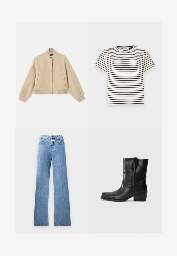 Strihaná béžová bunda vyrobená z vlnenej zmesi, s rebrovaným golierom, manžetami, dvoma bočnými vreckami a vyšitým písmenom na hrudi.; Bavlnené tričko s krátkym rukávom a okrúhlym výstrihom, s čiernymi vertikálnymi pruhmi na bielom pozadí a priamym strihom.; Svetlo modré denimové džínsy s širokým strihom, piatimi vreckami, pútkami na opasok a zapínaním na gombík. Tkanina má hladkú textúru.; Čierne kožené členkové topánky s okrúhlou špičkou, blokovým podpätkom, bočným zipsom a prešívaním na priehlavku. Hladká textúra, klasický dizajn.