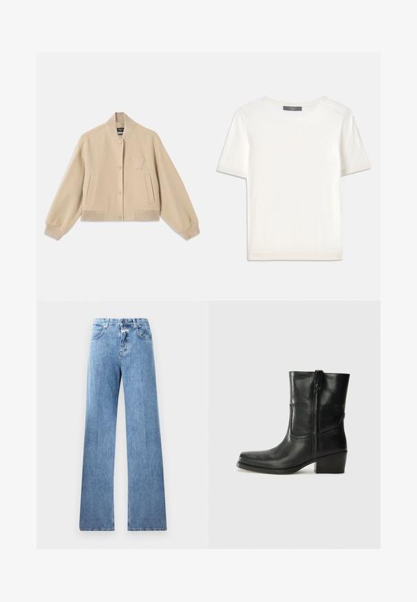 Cropped beige jacket made of wool blend, featuring a ribbed collar, cuffs, two side pockets, and an embroidered letter on the chest.; White short-sleeve knit top with a round neckline, featuring a smooth texture and subtle ribbed accents at sleeves and hem.; Light blue denim jeans with a wide-leg design, five pockets, belt loops, and a button closure. The fabric has a smooth texture.; Black leather ankle boot with a rounded toe, block heel, side zipper, and stitching accents on the vamp. Smooth texture, classic design.