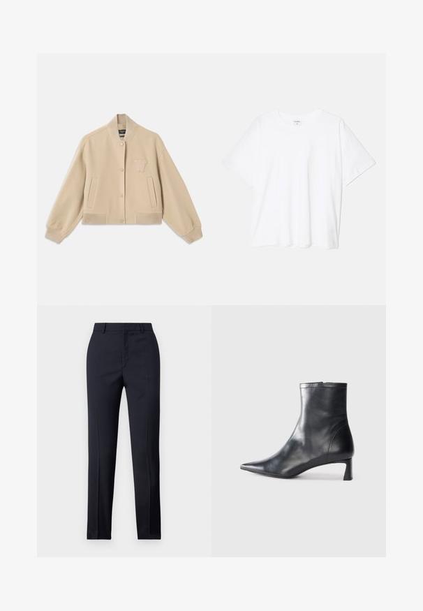Jachetă cropped bej dintr-un amestec de lână, cu guler și manșete ribbate, două buzunare laterale și o literă brodată pe piept.; Tricou alb din bumbac, cu mâneci scurte, guler rotund, croi lejer și tiv cusut. Eticheta este vizibilă pe interiorul gulerului.; Pantaloni tailor-made de culoare bleumarin cu o croială dreaptă, având o textură netedă, două buzunare frontale și o talie curată.; Cizmă de gleznă din piele neagră cu vârf ascuțit și un design elegant. Dispune de un toc mic și de o închidere cu fermoar la spate. Textură netedă.