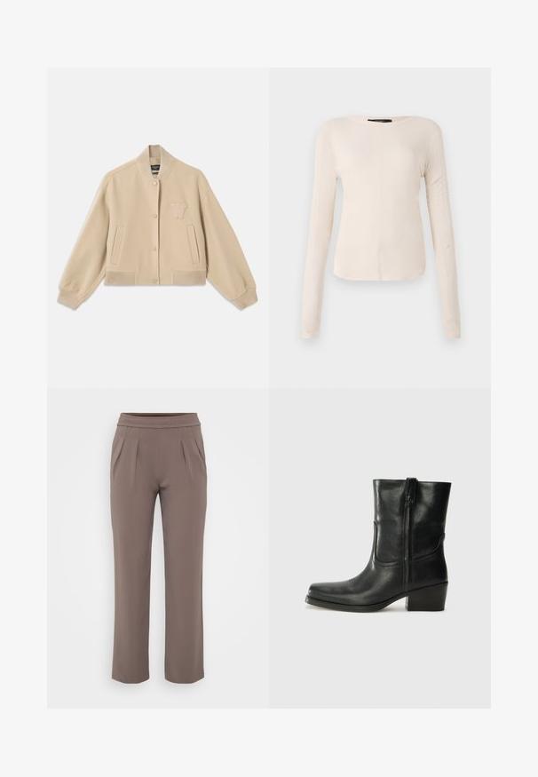 Kārtots bežs žakets, izgatavots no vilnas maisījuma, ar ribotu apkakli, aprocēm, divām sānu kabatām un izšūtu burtu uz krūškurvja.; Ilgi piedurkņu, gaiši bēšas krāsas blūze ar apaļu dekoltē. Izgatavota no mīksta auduma, ar centrālo šuvi un nedaudz izliekta apakšmala. Nav redzamu papildus elementu.; Taurī šūšanas brīvās formas bikses ar elastīgu jostasvietu un priekšējiem krokām, izgatavotas no gludas auduma.; Melna ādas potīte ar noapaļotu purngalu, bloku papēdi, sānu rāvējslēdzēju un šuvju akcentiem uz virsmas. Gluda tekstūra, klasiskā dizaina.