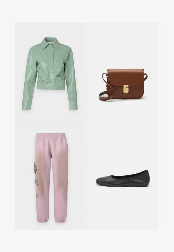 Grøn kunstlæderjakke med krave, lange ærmer og cropped design. Glat tekstur med frontlukning og diskrete sidesømme.; Sort T-shirt med korte ærmer lavet af blødt bomuldsstof, med rund halsudskæring og en glat, jævn tekstur samt et minimalistisk design.; Lyserøde sweatpants med elastisk talje, prydet med dekorative patches i diamantform på venstre side og elastiske manchetter ved anklerne.; Sort læderballetsko med rund tå, glat tekstur, minimal syning og et fleksibelt såldesign.; Brun læder håndtaske med flaplukning, hardware i gyldent tone, en skulderrem og en glat overflade. Kompakt rektangulær form.