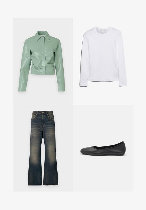 Groene faux leren jas met een kraag, lange mouwen en een cropped ontwerp. Gladde textuur met een sluiting aan de voorkant en subtiele zijnaad.; Wit T-shirt met lange mouwen, gemaakt van ribgebreide katoen, met een ronde halslijn en een rechte zoom. Eenvoudig ontwerp zonder patronen of accenten.; Donkerblauwe flared jeans van denim met een vervaagde was, voorzien van vijf zakken, een knoopsluiting en contrasterende stikseldetails.; Zwarte leren ballerina met een ronde neus, gladde textuur, minimale stikdetails en een flexibele zoolontwerp.