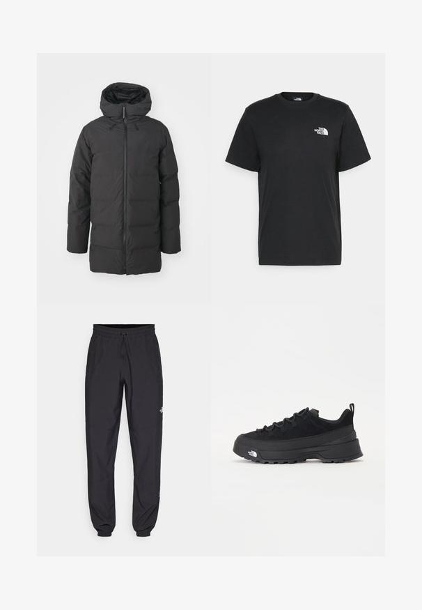 Crna puffer jakna s kapuljačom, koja ima puni prednji patentni zatvarač, elastične rukave i kviltani dizajn za izolaciju. Glatki vanjski materijal.; Crna pamučna majica s kratkim rukavima, okruglim izrezom i malim bijelim logotipom na lijevoj strani prsa. Jednostavan dizajn, glatka tekstura i opušteni kroj.; Crne sportske hlače od lagane tkanine, s pojasom na vezanje, bočnim džepovima i suženim manžetama na gležnjevima.; Crne vanjske tenisice s gornjim dijelom od antilopa, teksturiranim gumenim potplatom i čvrstim sustavom vezanja. Imaju ojačan petni deo i logo brenda sa strane.