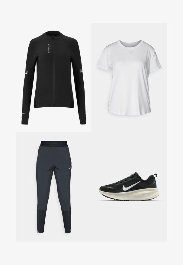 Giacca da ciclismo nera a maniche lunghe con zip completa, texture liscia, dettagli riflettenti e loghi del brand sul davanti e sulle maniche.; T-shirt bianco a maniche corte realizzato in tessuto liscio, con scollatura tonda e un piccolo logo grigio Nike sul petto.; Pantaloni sportivi Nike di colore grigio scuro, caratterizzati da un design con gamba affusolata, vita elasticizzata e dettagli decorativi vicino ai polsini.; Scarpa da corsa nera Nike con tomaia in rete traspirante, logo Swoosh bianco, dettagli testurizzati e intersuola ZoomX di colore crema.
