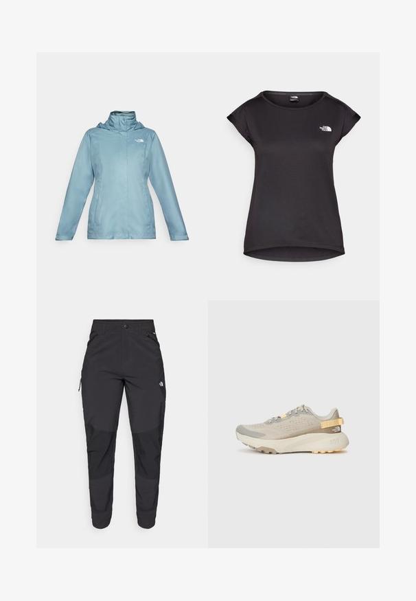 Light blue waterproof jacket with a high collar, adjustable hood, and zippered pockets. Features a smooth texture and minimalistic design.; The North Face TANKEN TANK - Sports T-shirt - black; Black outdoor pants made of durable fabric. Feature zippered pockets, reinforced knee panels, and a straight cut design for mobility.; Light beige running shoe with a textured mesh upper, grey accents, durable rubber sole, and a rear pull tab for easy wear.