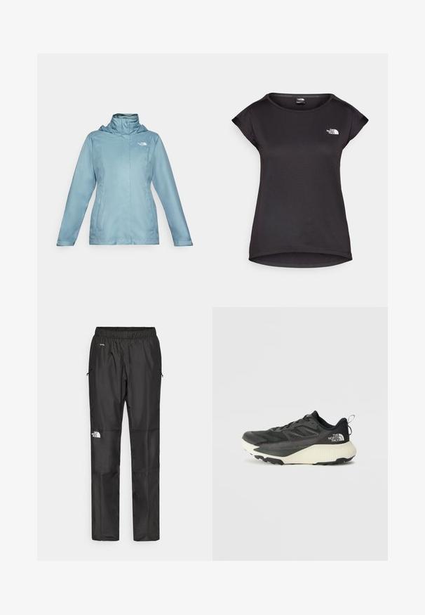 Svijetloplava vodootporna jakna s visokim ovratnikom, podesivom kapuljačom i zatvorenim džepovima. Ima glatku teksturu i minimalistički dizajn.; The North Face TANKEN TANK - Sportska majica - black; Crne vodootporne hlače napravljene od lagane tkanine, s elastičnim pojasom, bočnim džepovima i logotipom na lijevoj nozi.; Crna atletska cipela s teksturiranim gornjim dijelom, sivim detaljima i bijelim međuslojem. Ima držač i istaknutu marku na peti.