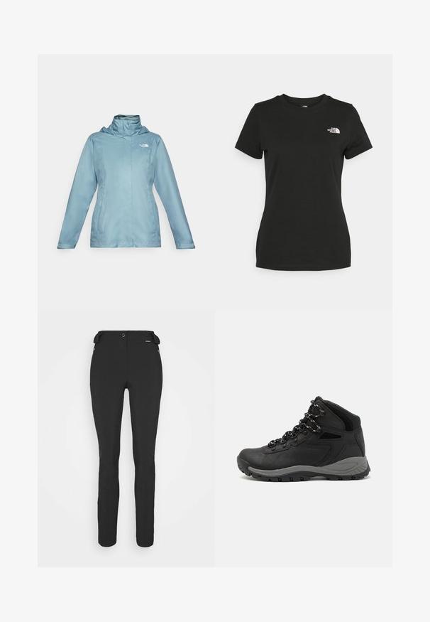 Ljusblå vattentät jacka med hög krage, justerbar huva och fickor med dragkedja. Har en slät yta och en minimalistisk design.; Svart bomull t-shirt med rund halsringning och korta ärmar. Anmärkningsvärt vitt logotyp på övre vänstra sidan. Slät yta, avslappnad passform.; Svarta, åtsittande byxor tillverkade av ett flexibelt material. Funktioner inkluderar en ficka med dragkedja på sidan, artikulerade knän och en jämn yta.; Svart vandringskänga med mellanhög design, som har en texturerad överdel, grå accenter och en slitstark gummisula med greppklackar.