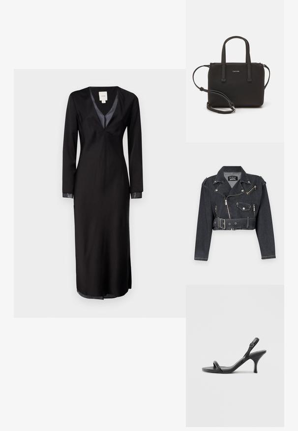 Juodas džinsinis dviratininko švarkas, supjaustytas, su sidabro spalvos užtrauktukais, spaudėmis ir diržu. Sukurtas su epauletais ir išskirtiniu apykaklės dizainu.; Juoda ilgomis rankovėmis suknelė iš lygios medžiagos, su giliu V formos kaklu, satino akcentais ant apykaklės ir šoninėmis plyšėmis, užtikrinančiomis patogumą judant.; Juodos odinės aukštakulnės šlepetės su plonu, kreiviu kulnu ir kryžminiu dirželio dizainu. Reguliuojamas kulkšnies dirželis. Lygus paviršius.; Juoda rankinė su dviem trumpais rankenėlėmis ir nuimamu petį. Lygaus odos tipo medžiaga su užtrauktuku ir logotipo detale.