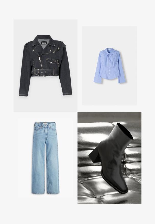 Opravljeni črni denim motoristični jopič z srebrnimi zadrgami, pritrdilnimi gumbi in pasom. Ima epaulete in značilen dizajn ovratnika.; Modra in bela prugasta srajca z dolgimi rokavi in gumbom, s širšim ovratnikom, prilagojenim krojem in ukrivljenim robom. Teksturni bombažni material.; Visoke svetlo modre široke hlače z visokim pasom, z gumbom in zadrgo spredaj, z zankami za pas in petimi žepi.; Črne gležnjarje iz sijočega materiala s kvadratnim prstom in zoženim peto, postavljene na sijoče srebrno oblazinjeno ozadje.