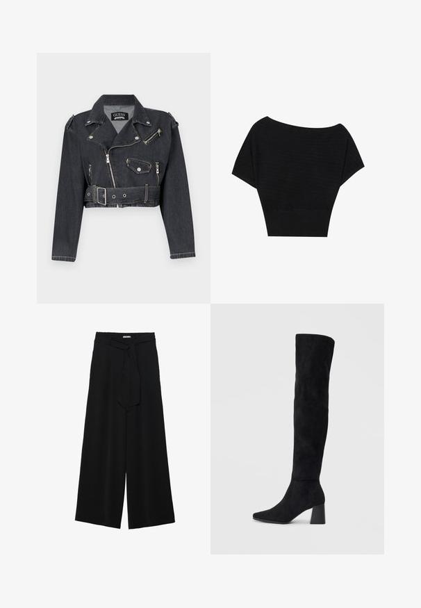 Sagriezta melna denima motora jaka ar sudraba rāvējslēdzējiem, aizdare ar pogām un jostu viduklī. Iezīmē plecu apmetņus un izteiksmīgu apkakles dizainu.; Anna Field Apdrukāts T-krekls - black; Melni platleņķa bikses ar teksturētu audumu, elastīgu jostu un noņemamu siksnu viduklī, kas nodrošina regulējamu piegulšanu.; Melna zamšāda līdz ceļiem, ar blokveida papēdi, norādītu purngalu un gludu, bezšuvju dizainu uz vienkārša gaiša fona.