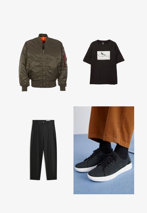 Olivově zelená bomber bunda se zipem vpředu, žebrovanými manžetami a lemem, oranžovou podšívkou a boční kapsou s červeným akcentním popruhem.; Černé bavlněné tričko s krátkým rukávem, které má bílou obdélníkovou grafiku muňky na tenké lince, minimalistické logo pod obrázkem.; Černé bavlněné kalhoty s uvolněným střihem, klasickým pasem, předními záhyby a bočními kapsami. Hladká textura bez vzorů.; Černé semišové tenisky s bílými gumovými podešvemi, s šněrovacím designem, texturovanými detaily a jemným logem, spárované s hnědými kalhotami.