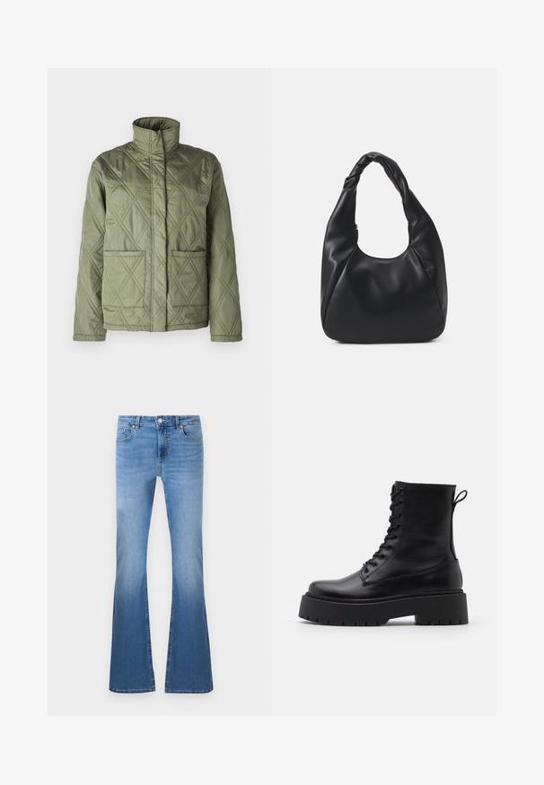 Žalias pintas paltas su aukštu apykakle, dviem priekinių kišenėmis ir rombo raštu. Pagamintas iš glotnaus, lengvo audinio.; Trumpas rankovės viršus pilkos spalvos audinyje su juodu lapų raštu. Turi aukštą kaklą ir surinktas rankoves, sukuriant tekstūrinį dizainą.; Šviesiai mėlyni išsiplėtę džinsai su nusidėvėjusiu paviršiumi, turintys priekinį mygtuką ir užtrauktuką, penkių kišenių stilių ir matomas siuvimo detales.; Juodos odinės aulinukės su apvalia nosimi, raišteliais priekyje ir storesniu guminio pado apačioje su tekstūruotu raštu. Priekyje yra kilputė.; Juodas hobo krepšys, pagamintas iš lygaus odos panašaus materiaus, su susuktos rankenos, turintis minkštą, apvalią formą ir viršutinį užtrauktuką.; Sidabrinės pusmėnulio auskarai minimalistiniu dizainu. Apskritimo forma, lygus paviršius ir plonas profilis. Lengvi su poliruotu apdailu.