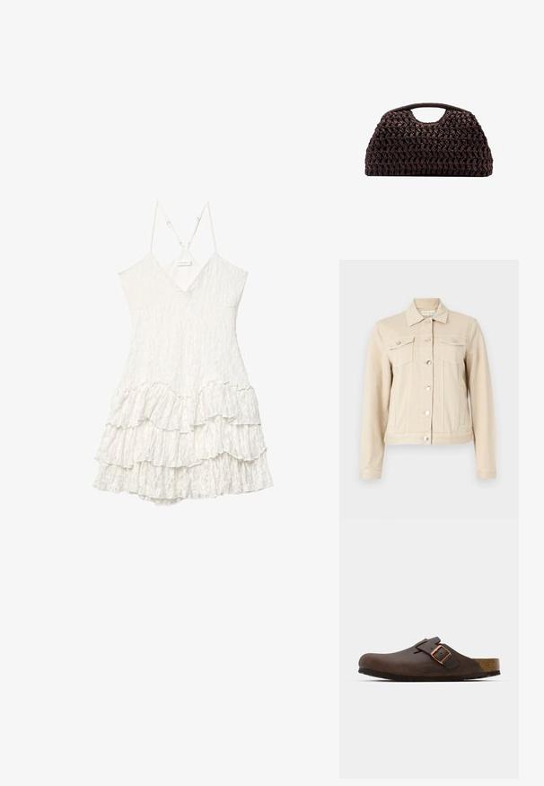 Beżowa kurtka dżinsowa z kołnierzykiem, srebrnymi guzikiem na zatrzask, dwiema kieszeniami na piersi oraz dopasowanym krojem. Gładka tekstura i casualowy sylwetka.; Biała koronkowa sukienka bez rękawów z dekoltem w kształcie V, regulowanymi cienkimi ramiączkami i warstwowym wykończeniem w falbanach.; Brązowy skórzany klapek z szerokim paskiem i miedzianą klamrą, wyposażony w teksturowane korkowe wkładki oraz grubą czarną gumową podeszwę.; Tkany brązowy torebka o zaokrąglonym kształcie, z górnym uchwytem i teksturowaną powierzchnią. Kompaktowy design z płaskim dnem zapewniającym stabilność.
