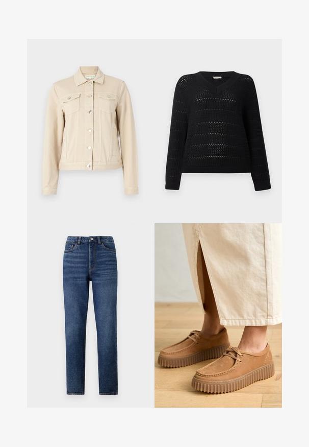 Chaqueta de mezclilla beige con cuello, botones de presión plateados, dos bolsillos en el pecho y un diseño ajustado. Textura suave y silueta casual.; TOM TAILOR DENIM V NECK - Jersey de punto - deep black; Jeans de mezclilla azul de cintura alta con pierna recta, que cuentan con un ligero desgaste, cierre de un botón y diseño de cinco bolsillos.; Zapatos de cuero marrón claro con una superficie texturada, puntera redonda y suelas gruesas y estriadas. Los cordones y los detalles de costura realzan el diseño.