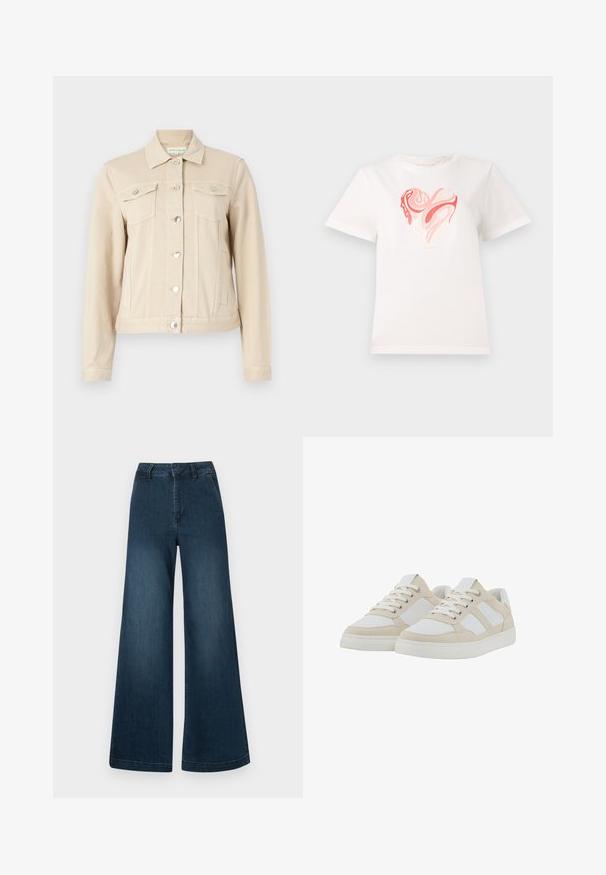 Beige Denimjacke mit Kragen, silbernen Druckknöpfen, zwei Brusttaschen und einer taillierten Passform. Sanfte Textur und lässige Silhouette.; Weißes Baumwoll-T-Shirt mit einem Herz-Graphic in verschiedenen Rosa- und Koralltönen, mit wirbelnden abstrakten Mustern in der Mitte. Kurze Ärmel, Rundhalsausschnitt.; Dunkelblaue High-Waist-Jeans mit weitem Bein, Taschen vorne und Gürtelschlaufen auf weißem Hintergrund.; Beige und weiße Sneaker mit strukturiertem Obermaterial, Schnürverschluss und gepolstertem Kragen. Mit drei weißen Streifen an der Seite und einer Gummisohle.