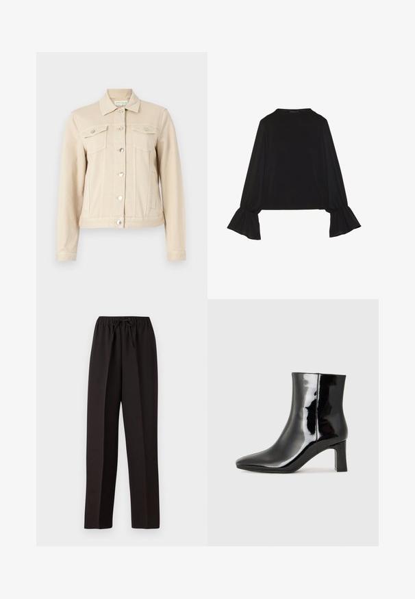 Bežna denim jakna s ovratnikom, srebrnimi zapirali, dvema žepoma na prsih in prilegnjenim dizajnom. Gladka tekstura in sproščen silhueta.; Črn dolg rokav vrh z razširjenimi manšetami, mehko teksturo in sproščenim krojem, z preprostim okroglim izrezom.; Črne široke hlače z elastičnim pasom in nastavljivim vrvico. Narejene iz gladkega, lahkega materiala brez vidnih vzorcev.; Črne lakirane gležnjarje z ošiljenim nosom in srednje visokim blokastim peto. Gladka tekstura in minimalističen dizajn.