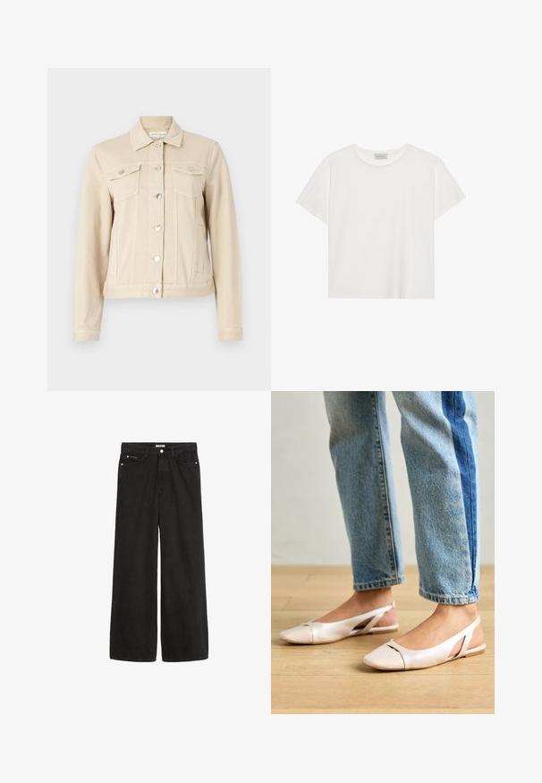 Beige denim jasje met een kraag, zilveren drukknoopjes, twee borstzakken en een getailleerd ontwerp. Prestigeuze textuur en casual silhouette.; Witte T-shirt met korte mouwen, gemaakt van zachte katoen. Heeft een ronde halslijn en een relaxte pasvorm. Schoon ontwerp zonder zichtbare patronen of accenten.; Zwarte denim jeans met wijde pijpen en een hoge taille. Bevat vijf zakken, metalen beslag en een nette afwerking. De textuur is glad en zacht.; Zachtroze slingback ballerina's met een spitse neus, gemaakt van een glad leerachtig materiaal. Bevat uitsnijdingen aan de zijkanten en heeft een platte hak.