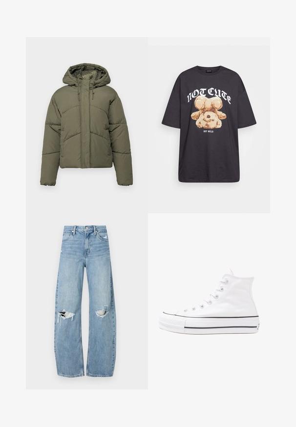 Olívovo zelená prešívaná bunda s kapucňou, s prešívanými panelmi, predným zipsom a šnúrkovými detailmi. Mäkká, polstrovaná textúra.; Čierne oversized tričko s grafikou medveďa a textom "NIE ROZTOMILÉ ALE DIVOKÉ" v tučnom bielom písmene. Bavlnený materiál.; Svetlomodré, vysoké džínsy vyrobené z denimu. Majú široké nohavice, dve roztrhnuté kolená a klasický päťvreckový strih.; Biele vysoké plátené tenisky s čiernou gumovou podošvou, prednou gumovou špičkou a šiestimi okami na šnúrky, s čistým, minimalistickým dizajnom.