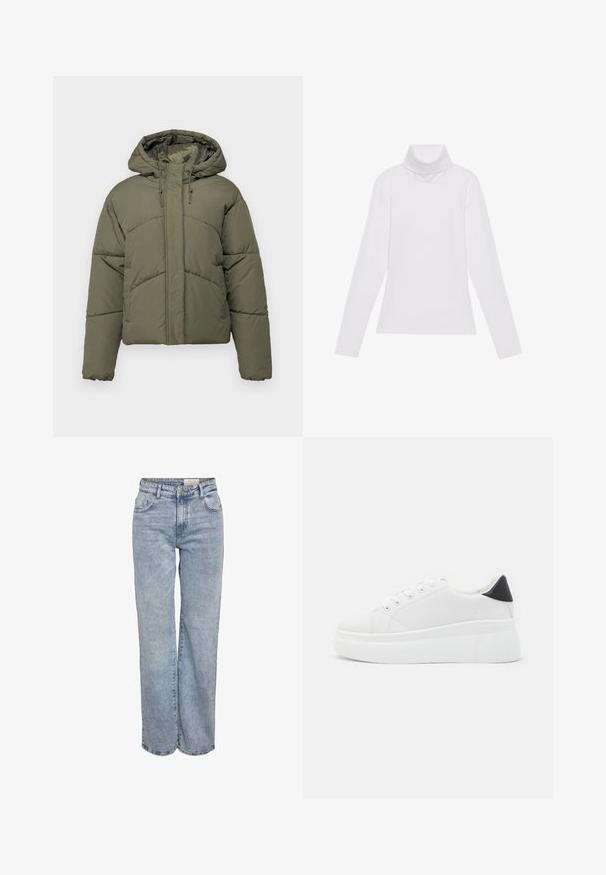 Ελαιόχρωμο σακάκι τύπου puffer με κουκούλα, διαθέτει από quilted πάνελ, μπροστινό φερμουάρ και λεπτομέρειες με κορδόνια. Μαλακή, επενδεδυμένη υφή.; Λευκή μακρυμάνικη μπλούζα με ψηλό λαιμό από λείο, ελαστικό ύφασμα. Διαθέτει ψηλό γιακά και εφαρμοστή σχεδίαση, χωρίς ορατά σχέδια ή διακοσμητικά.; Ανοιχτού μπλε τζιν με φαρδιά πόδια, κατασκευασμένα από τζιν ύφασμα, με ψηλή μέση, πέντε τσέπες και μια subtile φθορά για ένα εμφάνιση φθαρμένου.; Λευκά πλατφόρμα αθλητικά παπούτσια κατασκευασμένα από λείο συνθετικό υλικό, με στρογγυλή μύτη, σχέδιο με κορδόνια και υφασμένη καουτσούκ σόλα. Μαύρη έγχρωμη λεπτομέρεια στη φτέρνα.