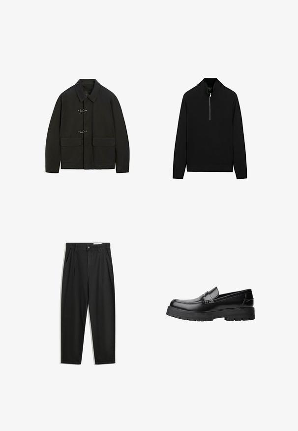 Sort jakke med krave, sølvfarvede lukninger og to forlommer. Den har en lige pasform og en mat overflade.; Sort strikket sweater med høj krave og en halv lynlås. Har lange ærmer og ribbede manchetter, lavet af en blød tekstur.; Sorte bomuldsbukser med en afslappet pasform, der har en klassisk talje, frontfolder og sidelommer. Glat tekstur uden mønstre.; Sort læderloafer med kraftig sål og dekorativ rem henover, vist i venstre sideprofil på hvid baggrund.