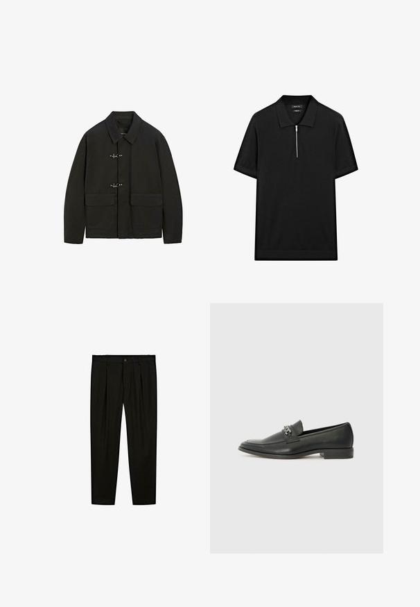 Sort jakke med krave, sølvfarvede lukninger og to forlommer. Den har en lige pasform og en mat overflade.; Sort kortærmet polo skjorte med ståkrave og frontlynlås. Lavet af et glat stof med et rent, minimalistisk design.; Sorte skræddersyede bukser lavet af glat stof. Funktioner inkluderer flad front, brede ben og en knaplukning i taljen.; Sorte læder loafers med en glat finish, der har et syet design og et dekorativt metal kædeaccent hen over vamps. Flad hæl.