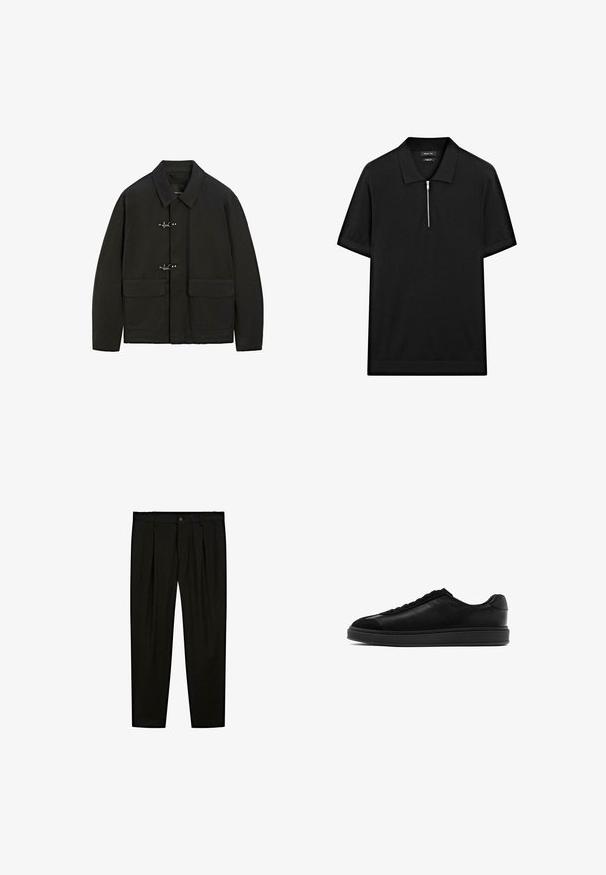 Zwarte jas met een kraag, zilveren sluitingen en twee voorzakken. Het heeft een rechte snit en een matte textuur.; Zwarte polo met korte mouwen, een staande kraag en een rits aan de voorkant. Gemaakt van een gladde stof met een schoon, minimalistisch ontwerp.; Zwarte op maat gemaakte broeken van soepel materiaal. Kenmerken zijn een platte voorkant, brede pijpen en een knoopsluiting bij de taille.; Zwarte leren sneakers met een gladde afwerking, ronde neus, vetersluiting aan de voorkant en een contrasterende, gestructureerde tong. Dikke zwarte rubberen zool.