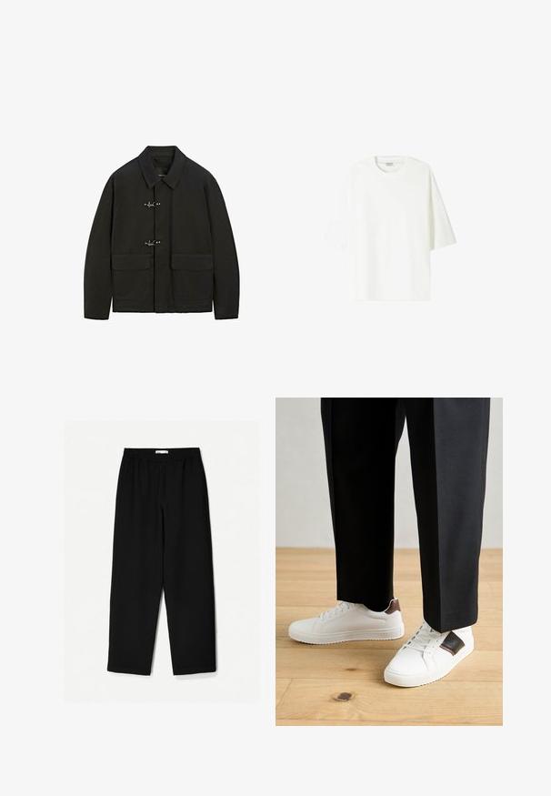 Sort jakke med krave, sølvfarvede lukninger og to forlommer. Den har en lige pasform og en mat overflade.; Hvid kortærmet t-shirt lavet af bomuld, med rund halsudskæring og en afslappet pasform med lige kant.; Sorte, vidde ben bukser lavet af et let stof. Har en elastisk talje og en glat tekstur. Ingen synlige mønstre eller hardware.; Hvide sneakers med glat tekstur, prydet med brune læderdetaljer og sorte detaljer, sammen med sorte skræddersyede bukser. Baggrund med trægulv.