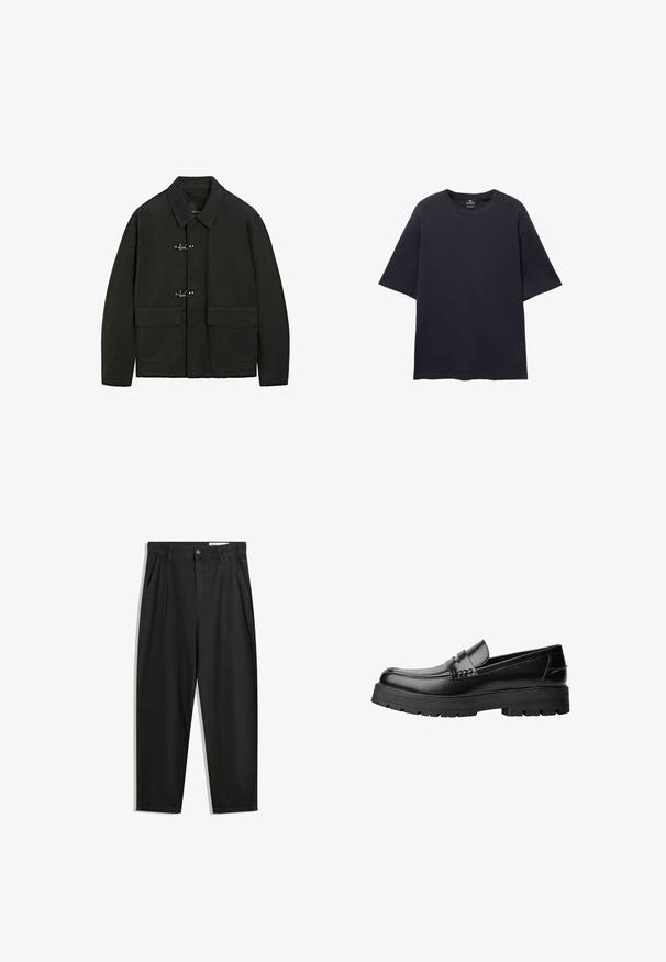 Černá bunda s límcem, stříbrnými cvoky a dvěma předními kapsami. Má rovný střih a matný povrch.; PULL&BEAR SHORT SLEEVE TEXTURED WEAVE - Jednoduché tričko - dark blue; Černé bavlněné kalhoty s uvolněným střihem, klasickým pasem, předními záhyby a bočními kapsami. Hladká textura bez vzorů.; Černé kožené mokasíny s masivní podrážkou a dekoračním páskem přes horní část, zobrazené v levém bočním profilu na bílém pozadí.