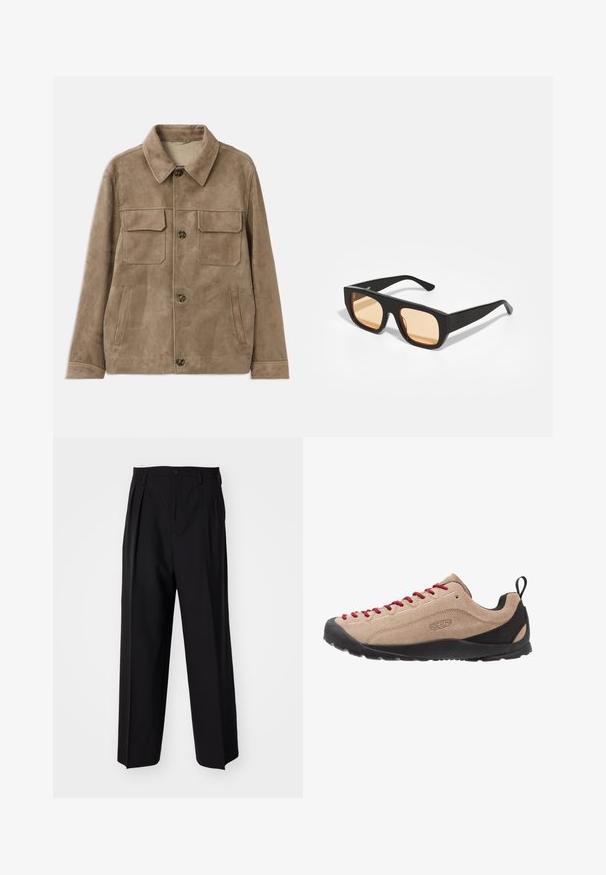 Ruda suedinė striukė su apykakle, dviem priekinių krūtinių kišenėmis ir dviem šoninėmis kišenėmis. Su mygtukų užsegimu ir lygiu paviršiumi.; Bežinė megzta užtrauktuku užsegama megztinė, su raukšlėta tekstūra, aukštu apykaklės ir ilgomis rankovėmis. Sukurta su metaliniu užtrauktuku ir be papildomų raštų.; Juodas marškinėlių mygtukų palaidinukas su ilgomis rankovėmis, pagamintas iš blizgaus, lygaus audinio. Yra klasikinis apykaklė ir matoma mygtukų juosta.; Juodi klostuoti kelnių, su tiesiu, plačiu kojų dizainu. Pagaminti iš lygios medžiagos, su mygtukų uždarymu ir diržo kilputėmis.; Bežiniai zomšiniai žemakulniai batai su raudonomis įvairioms batų raišteliais, juoda guma sumažinta, ir tinkliniai akcentai šalia kulno, kad būtų užtikrintas kvėpavimas ir komfortas.; Juodos kvadratinės saulės akinių su oranžiniais objektyvais. Matinis paviršius su storomis rėmelėmis. Tiesūs šventyklos, be puošmenų.; Juodas odinis krepšys su raišteliu uždarymu, minkšta tekstūra, apvaloka forma, minimalistiškas auksinis logotipas iš šono. Yra petneša.