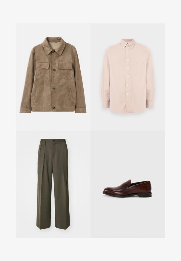 Casaco de camurça castanha com gola, dois bolsos frontais no peito e dois bolsos laterais. Apresenta fechos de botão e uma textura suave.; Camisa de botonadura rosa clara com mangas longas, gola e botões brancos. Feita de um tecido suave com um corte regular.; Filippa K WIDE TROUSERS - Calças - driftwood; Mocassins de couro castanho com bico arredondado, detalhe de faixa frontal e um salto baixo em camadas. Textura suave com mínimos acentos decorativos.