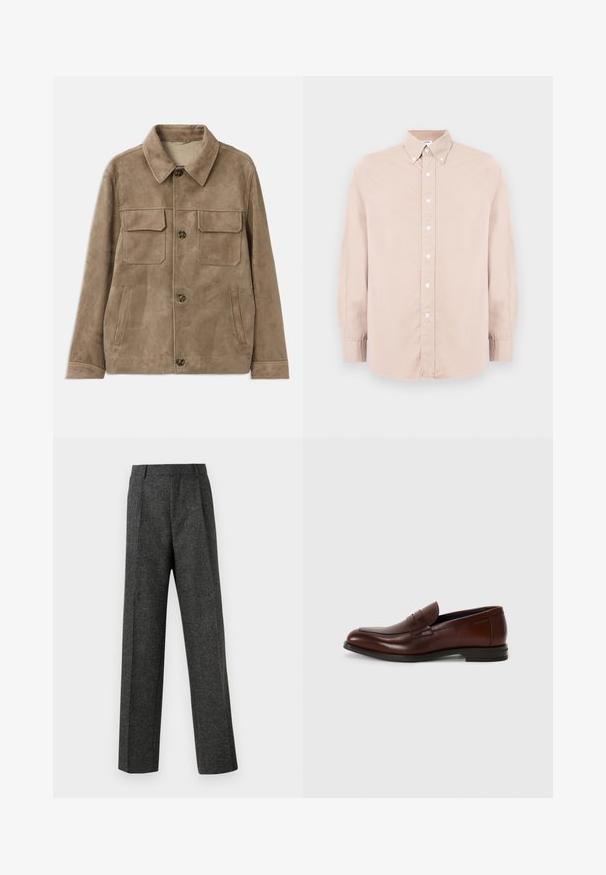 Bruine suède jas met een kraaghals, twee borstzakken aan de voorkant en twee zijzakken. Voorzien van knoopsluitingen en een zachte textuur.; Lichtroze overhemden met lange mouwen, kraag en witte knopen. Gemaakt van een gladde stof met een normale pasvorm.; Grijze op maat gemaakte broek van gestructureerde stof, met twee voorplooien en een rechte pijp. Geen zichtbare zakken of versieringen.; Bruine leren instappers met een ronde neus, een detail met een bandje aan de voorkant en een lage gestapelde hak. Glad textuur met minimale decoratieve accenten.