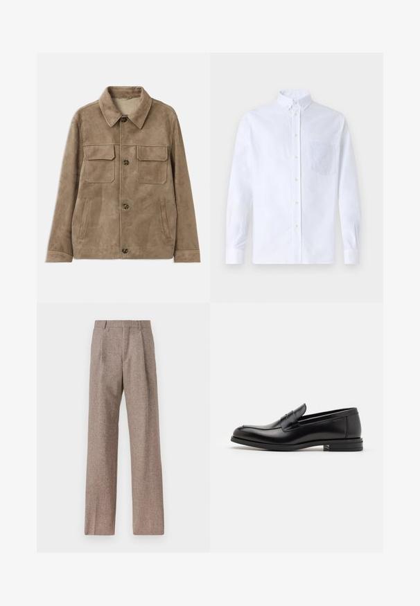 Jachetă din suede maro cu guler, două buzunare pe piept și două buzunare laterale. Prezintă închideri cu nasturi și o textură netedă.; Cămașă albă cu mânecă lungă, din bumbac, prevăzută cu un buzunar pe piept cu broderie tonală, guler și manșete cu buton.; Pantaloni bej, cu talie înaltă, dintr-un material texturat. Prezintă picioare late și două pliseuri frontale pentru structură. Finisaj îngrijit, fără accesorii vizibile.; Mocasini din piele neagră cu o textură netedă, vârf rotund și o curea decorativă peste partea superioară. Toc mic, design minimalist.