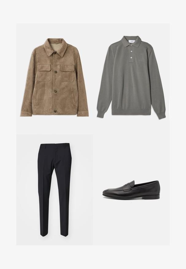Casaco de camurça castanha com gola, dois bolsos frontais no peito e dois bolsos laterais. Apresenta fechos de botão e uma textura suave.; Camisa polo de manga longa cinza em tecido texturizado, com colarinho clássico, placket de três botões e punhos canelados.; Calças azul marinho escuras com um corte slim. Feitas de um tecido liso e texturizado, apresentando frente plana, passantes para cinto e bolsos laterais.; Sapatilha masculina em couro preto, com salto baixo e um design clássico com tira de moeda, apresentada em perfil lateral sobre um fundo branco.