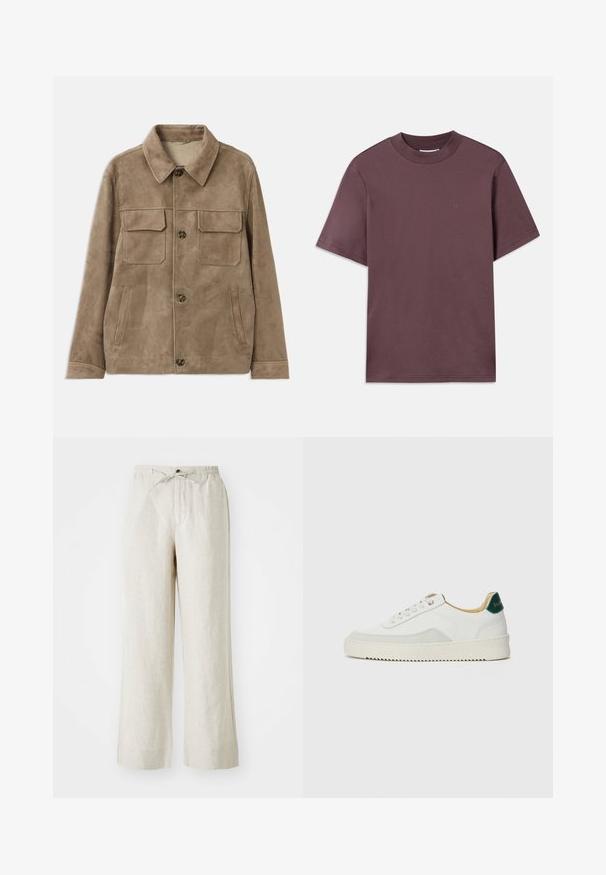 Pruun siidine jakker, millel on kraega kaelus, kaks ettepoole suunatud rinna taskut ja kaks küljetaskut. Omab nupuværve ja sileda tekstuuri.; Lühikeste varrukatega, ümar kaelusega t-särk tumelillas, pehmest puuvillast. Esifaasil on minimaalne bränding samas värvitoonis.; Soeebabakad heledas beežis, millel on lõtv sobivus, elastne vöökoht reguleeritava nööriga ja küljetaskud mugavuseks.; Valged tennisjalanõud, millel on sametised aktsendid, ümar varvas, lame nöörid ja kreemjas kummine põhja. Hästi nähtav roheline bränding kannal.