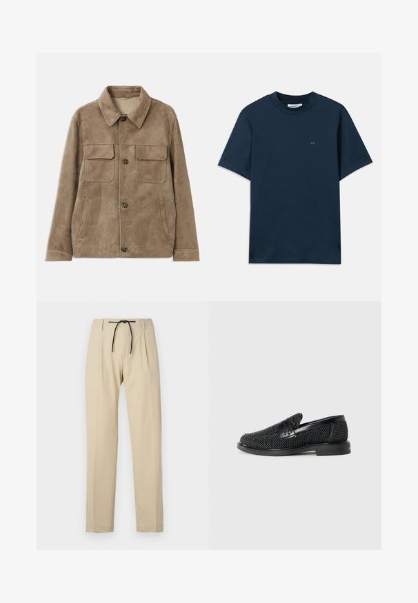 Pruun siidine jakker, millel on kraega kaelus, kaks ettepoole suunatud rinna taskut ja kaks küljetaskut. Omab nupuværve ja sileda tekstuuri.; Tumesinine puuvillane T-särk, ümar kaeluses, lühikeste varrukatega ning rinnaesine on vaikselt logoga. Sile tekstuur ja klassikaline lõige.; Beezid püksid sirge lõikega, millel on nööriga vöökoht, volditud esikülg ja sile tekstuur. Lihtne ja mitmekesine disain.; Must musta kootud slip-on king, millel on pehme nahast accent ülaserval, ümmargune varvas ja madal profiiliga kummitald.