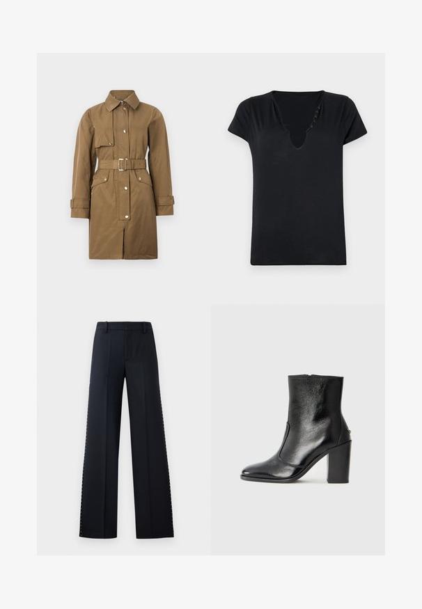 Trench coat castanho com cinto, com colarinho, fecho frontal, botões de pressão e bolsos laterais, apresentando uma textura suave e corte reto.; T-shirt preto de manga curta com um decote em V profundo e cinco botões decorativos ao longo do decote. Tecido suave com um corte relaxado.; Calças de perna larga em preto. Corte ajustado com uma textura suave. Apresenta uma fileira de tachas metálicas ao longo das costuras laterais para detalhe.; Bota ankle preta em pele com uma textura suave, bico fino e um salto alto robusto. Apresenta uma abertura lateral e um design minimalista.
