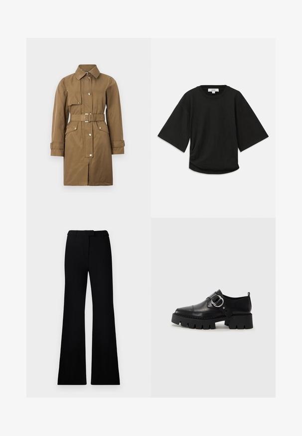 Brūns jostas mētājs ar apkakli, priekšējo rāvējslēdzēju, spiedpogu aizdari un sānu kabatām, ar gludu tekstūru un taisnu griezumu.; Melnā īsā piedurkņu T-kreklā, kas izgatavots no mīksta kokvilnas auduma, ir apaļa kakla izgriezuma un brīva piegriezuma ar vieglu sakopojuma detaļu sānos.; Melnas paplašinātas bikses ar gludu tekstūru, pielāgotu jostasvietu un priekšējām kabatām, veidotas ar elegantu, mūsdienīgu siluetu.; Melni ādas apavi ar masīvu, rievojumu zoli, ar apaļu sudraba aksesuāru un minimālām šuvēm.