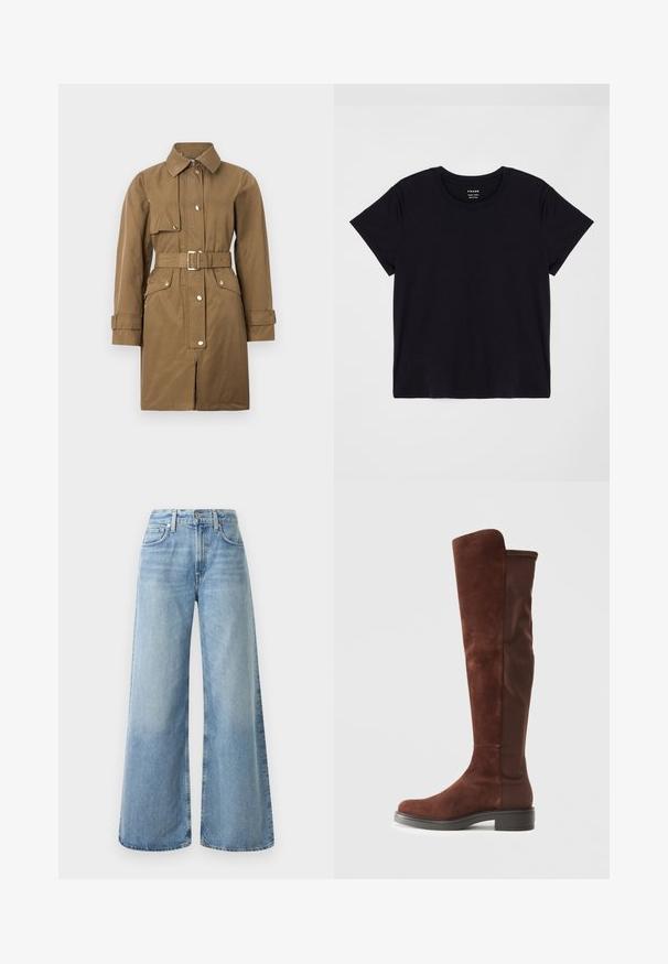 Brązowy trencz z paskiem, z kołnierzem, zamkiem z przodu, zatrzaskami i bocznymi kieszeniami, charakteryzujący się gładką fakturą i prostym krojem.; Czarna koszulka z krótkim rękawem wykonana z miękkiej bawełny. Klasyczny okrągły dekolt, z prostą, nieozdobioną powierzchnią i luźnym krojem.; Jasnoniebieskie dżinsowe spodnie z szerokimi nogawkami i wysokim stanem, z czterema kieszeniami, zapięciem na guziki oraz delikatnym wyblaknięciem materiału.; Wysoki brązowy zamszowy i materiałowy but z niskim czarnym obcasem i zaokrąglonym noskiem, przedstawiony w widoku bocznym na jednolitym białym tle.