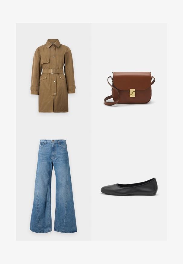 Manteau trench ceinturé marron avec un col, fermeture éclair à l'avant, boutons-pression et poches latérales, possédant une texture lisse et une coupe droite.; T-shirt blanc à manches courtes en tissu côtelé. Col rond, coupe régulière et détails de couture subtils. Aucune motif ni graphique.; Jean en denim bleu à jambes larges et taille haute, avec un style classique à cinq poches et un léger délavage pour ajouter de la texture.; Ballerines en cuir noir avec un bout rond, texture lisse, détails de couture minimalistes et design de semelle flexible.; Sac à main en cuir marron avec une fermeture à rabat, des accents en métal doré, une bandoulière et une texture lisse. Forme rectangulaire compacte.