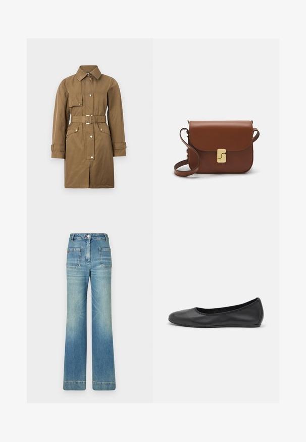 Hnědý trenčkot s páskem a límcem, předním zipem, cvokovými knoflíky a bočními kapsami, se hladkou texturou a rovnými liniemi.; Bílá tričko s krátkým rukávem vyrobené z žebrované tkaniny. Kulatý výstřih, normální střih a jemné detaily šití. Bez vzorů nebo grafik.; Světle modré džíny s rozšířenými nohavicemi, pěti kapsami, poutky na opasek, zapínáním na knoflík a mírně vybledlou texturou, s červeným logem na zadní straně.; Černé kožené baletní byty s kulatou špičkou, hladkou texturou, minimálními švy a flexibilním designem podrážky.; Hnědá kožená kabelka s klopou, zlatými kovovými detaily, ramenním popruhem a hladkým povrchem. Kompaktní obdélníkový tvar.