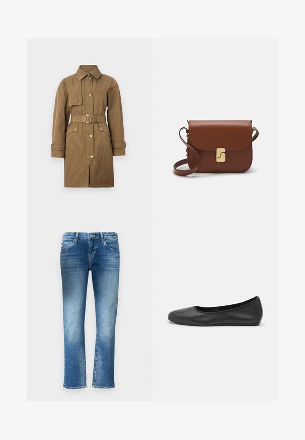 Brown belted trench coat with a collar, front zip, snap buttons, and side pockets, featuring a smooth texture and straight cut.; White short-sleeve t-shirt made of ribbed fabric. Round neckline, regular fit, and subtle stitching details. No patterns or graphics.; Light blue denim jeans with a straight leg design, subtle fading, and a medium rise waist. Features five pockets and belt loops.; Black leather ballet flat with a rounded toe, smooth texture, minimal stitching detail, and a flexible sole design.; Brown leather handbag with a flap closure, gold-tone hardware, a shoulder strap, and a smooth texture. Compact rectangular shape.