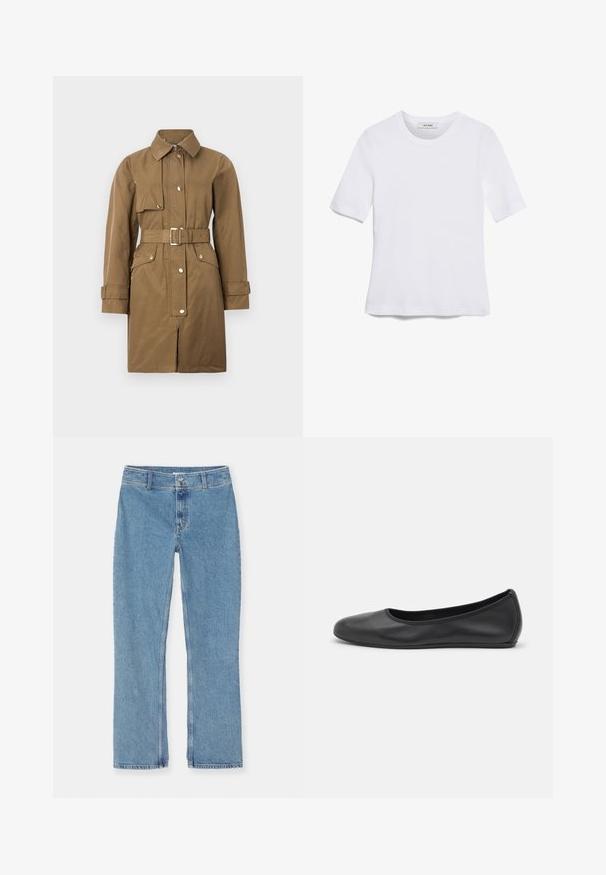 Ruskea vyöllä varustettu trench-takki, jossa on kaulus, etuvetoketju, napit ja sivutaskut. Takissa on sileä pinta ja suora leikkaus.; Valkoinen lyhythihainen t-paita, joka on valmistettu ribbytedusta kankaasta. Pyöreä pääntiie, normaali istuvuus ja hienovaraiset ompeluyksityiskohdat. Ei kuvioita tai grafiikkaa.; Vaaleansinisiä suoria farkkuja nappi- ja vetoketj closures, vyölenkit ja tavallinen ommel valkoista taustaa vasten.; Musta nahkainen ballerina, jossa on pyöristetty kärki, sileä pinta, minimaalinen ommelkoristelu ja joustava pohjamuotoilu.